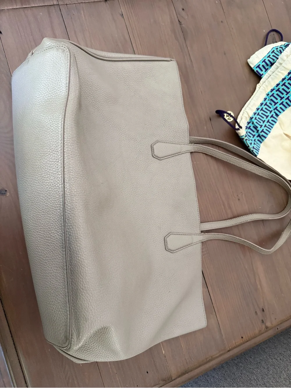 Tory Burch Pebbled Leather Tote in Taupe with Pink interior